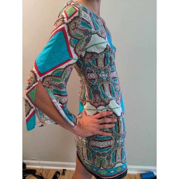 Laundry Shelli Segal Short Tunic Dress Blue Zip Up 3/4 Bell Sleeves Size 0 - Picture 3 of 7